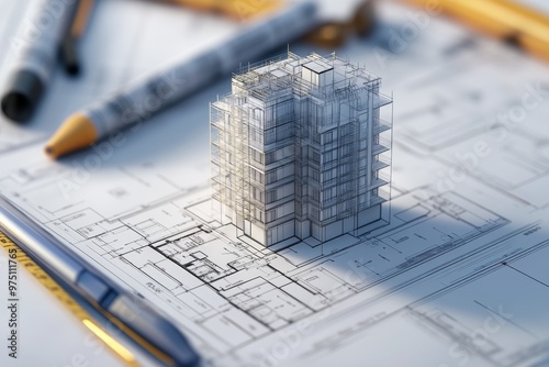 3d digital architectural blueprint of a construction project in a photographic style photo