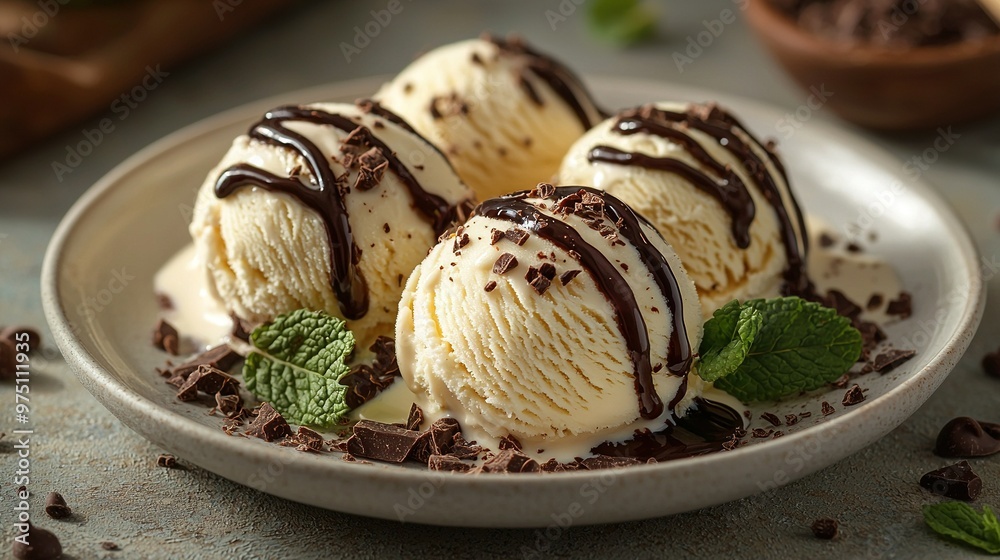 Three scoops of ice cream topped with chocolate sauce and garnished with fresh mint leaves in a clean white bowl placed on the table Three scoops of ice cream topped with chocolate sauce and garnished with fresh mint leaves in a clean white bowl placed on the table
