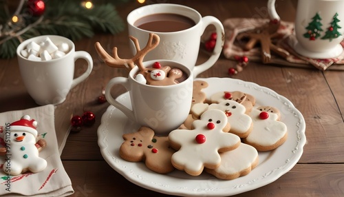 Wallpaper Mural A plate of Christmas cookies next to a mug of hot chocolate with marshmallows, set on a rustic table. The scene evokes cozy holiday comfort and festive indulgence. Torontodigital.ca