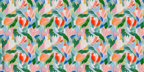 a dreamy and clean abstract pattern of tulips in a naive impressionistic style with gouache