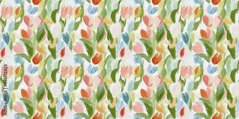a dreamy and clean abstract pattern of tulips on a white background in a naive impressionistic style with gouache a dreamy and clean abstract pattern of tulips on a white background in a naive impressionistic style with gouache
