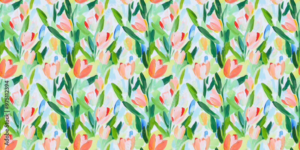 a dreamy and clean abstract pattern of tulips on a white background in a naive impressionistic style with gouache a dreamy and clean abstract pattern of tulips on a white background in a naive impressionistic style with gouache