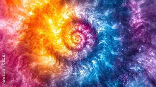  Close-up image of a vibrant multicolor background with a spiral pattern centered The focal point is at the center, surrounded by the spiral design