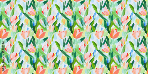 a dreamy and clean abstract pattern of tulips on a white background in a naive impressionistic style with gouache