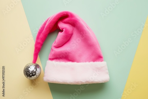 Adorable Pink Santa Hat with Shiny Silver Pompom on Soft Yellow Background photo