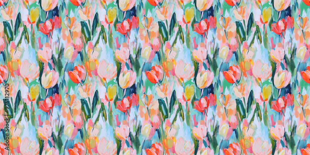 a dreamy and romantic abstract painting pattern of tulips in a style reminiscent of fauvism or early modernism