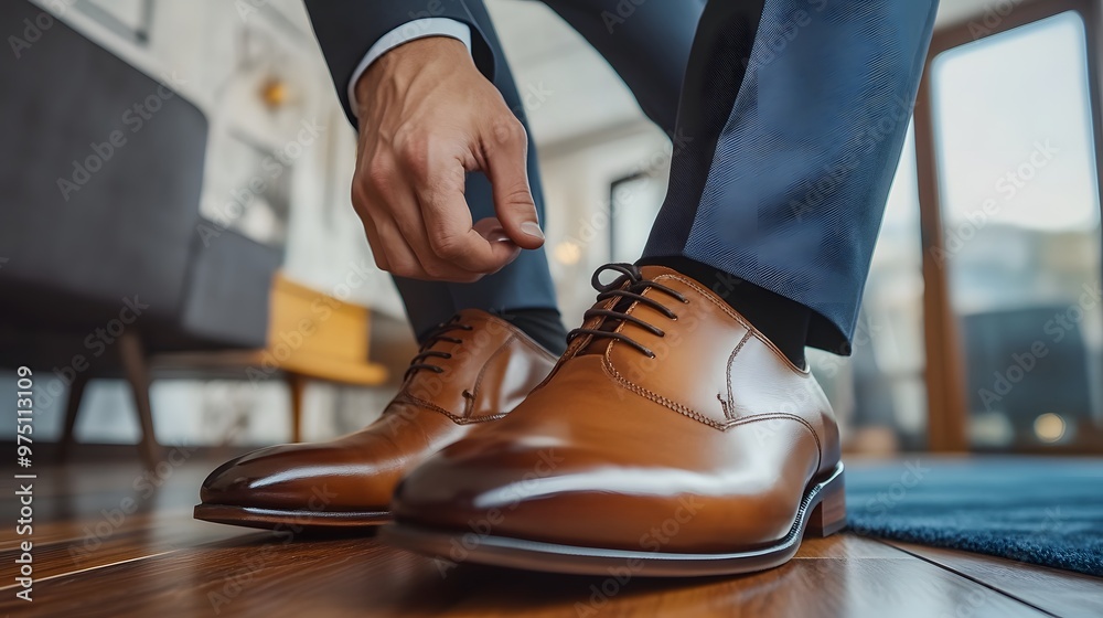 Man Putting on Brown Leather Oxfords Man Putting on Brown Leather Oxfords