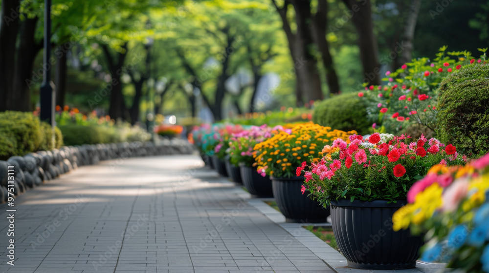 custom made wallpaper toronto digitalA park pathway adorned with a row of colorful flowers in pots, creating a vibrant and inviting outdoor space.