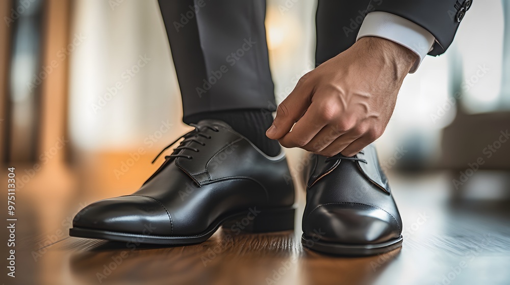 Man's Hand Tying Laces on Black Leather Dress Shoes Man's Hand Tying Laces on Black Leather Dress Shoes