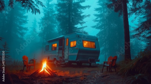 a van in a foggy forest and a fire