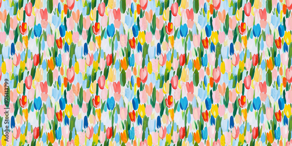 Fototapeta premium an abstract gouache painting pattern of tulips, soft pastel colors including pink, red, orange, yellow, light green, green, light blue and blue, on a white background