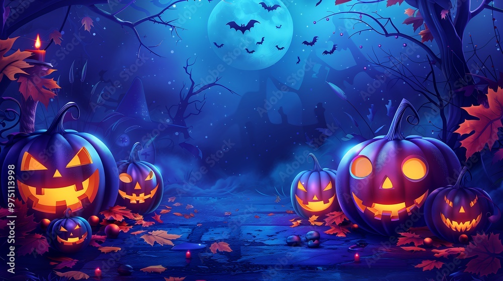 Fototapeta premium Halloween Jack o Lanterns with Full Moon Background