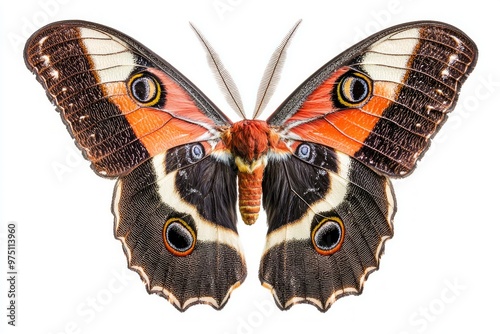 captivating cecropia moth showcases its magnificent, colorful wings wide open, revealing intricate patterns that are mesmerizing to behold. photo