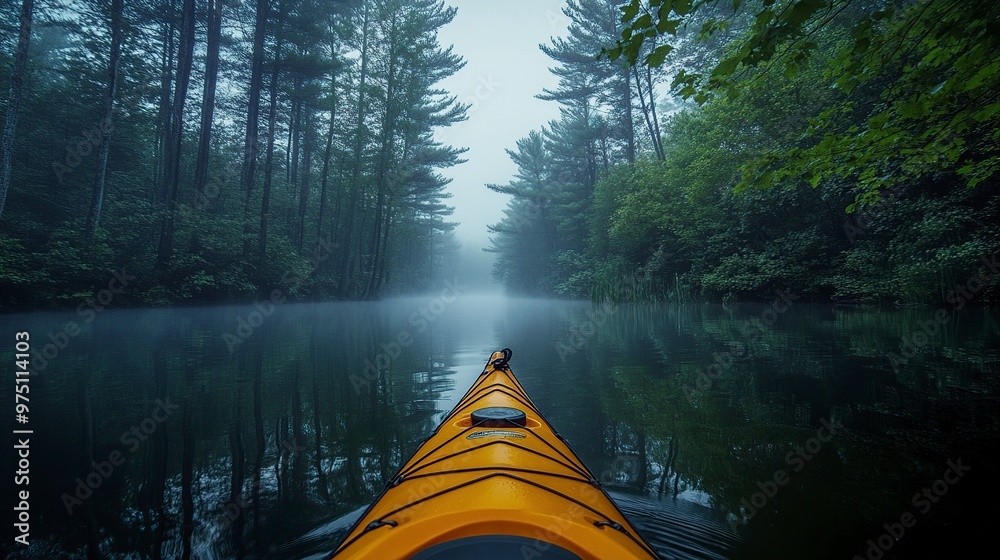 Fototapeta premium A serene kayak gliding through a misty forest river, evoking tranquility and adventure.