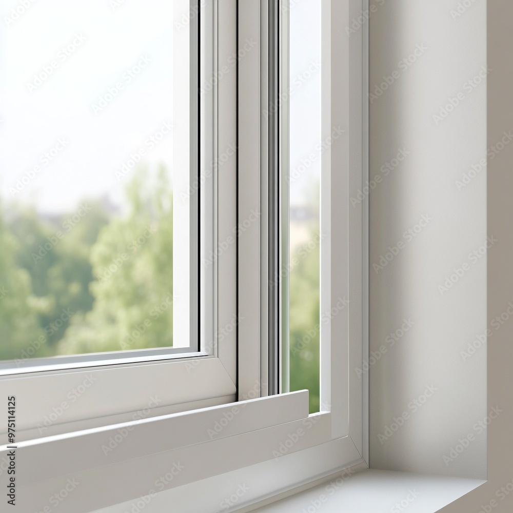 Modern Close-Up of Plastic Window with Nature Background in Soft Light Modern Close-Up of Plastic Window with Nature Background in Soft Light