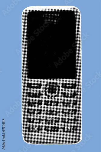 close up of cellphone pixelate grayscale color halftone dotted texture style collage element isolated on blue background