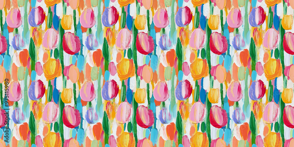 an abstract impressionism painting pattern of tulips on a white background