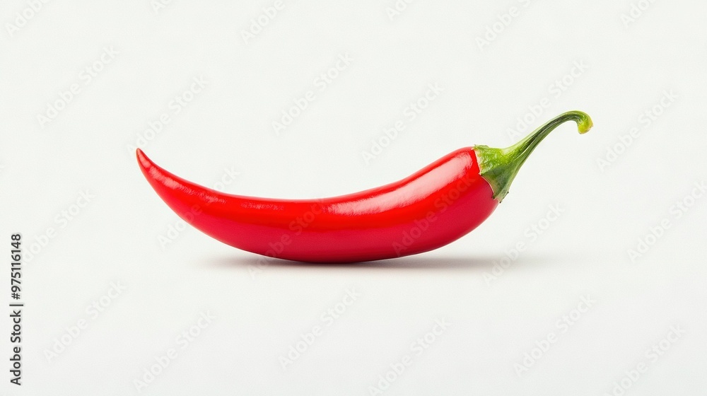   Red pepper on white background, green-bell stem at end of bell pepper shape