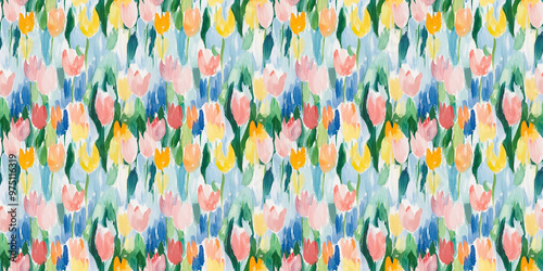 an abstract impressionism painting pattern of tulips on a white background