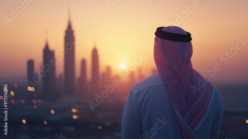 Saudi man looking to skylines back view 
