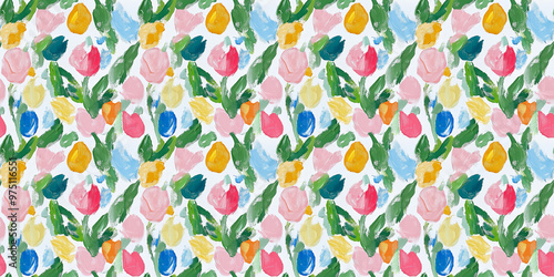 an abstract impressionism painting pattern of tulips on a white background