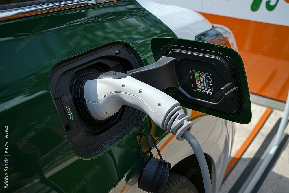 Close up of electric car charging with grey nozzles and vibrant white and orange background Close up of electric car charging with grey nozzles and vibrant white and orange background
