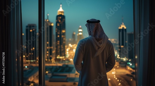 Arab man looking to skylines back view
