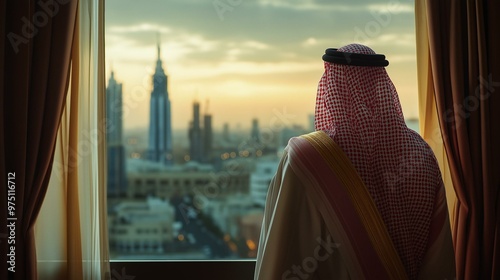 Arab man looking to skylines back view