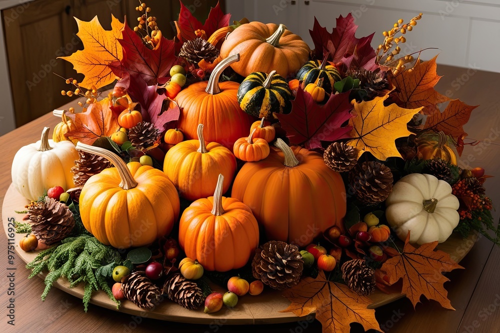 Vibrant Autumn Leaves, Pumpkins, and Fruits Arrangement for Thanksgiving Festivities Vibrant Autumn Leaves, Pumpkins, and Fruits Arrangement for Thanksgiving Festivities