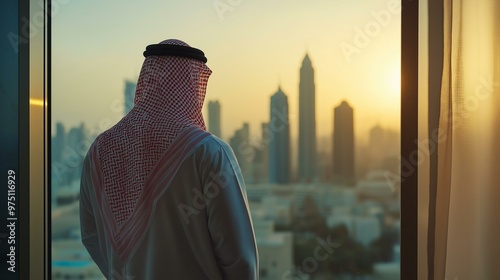 Arab man looking to skylines back view