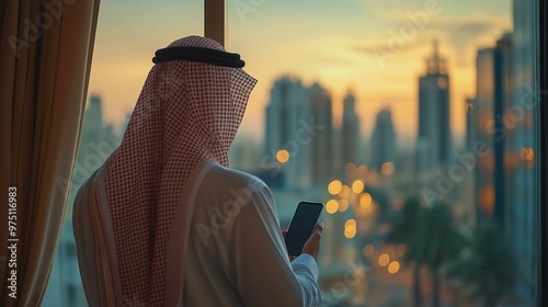Saudi arab man using mobile skylines in the background , back view 