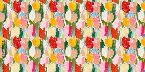 an abstract impressionism pattern of tulips in a naive impressionistic style with gouache
