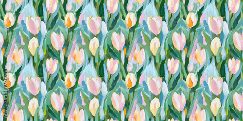 an abstract painting of tulips in a naive impressionistic style with gouache