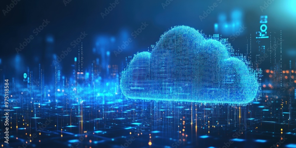 3D digital cloud computing concept with glowing lines and data. 3D digital cloud computing concept with glowing lines and data.