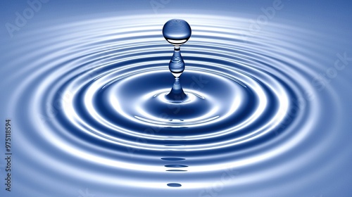  A close-up of a water droplet in a pool, surrounded by ripples, against a blue sky