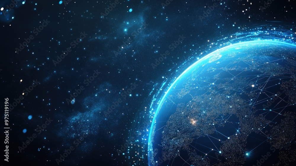 Fototapeta premium A digital illustration of the Earth with glowing lines representing global connections.