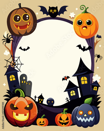 Spooky Halloween Fun: A festive frame featuring a cast of cute, cartoon pumpkins, bats, and haunted houses, perfect for adding a touch of playful fright to your Halloween designs. 