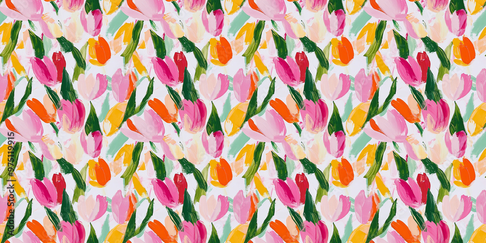 an abstract painting pattern of tulips on a white background