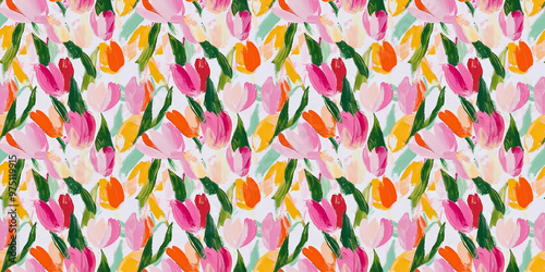 an abstract painting pattern of tulips on a white background