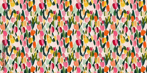 an abstract painting pattern of tulips on a white background