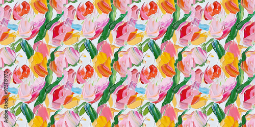 an abstract painting pattern of tulips on a white background