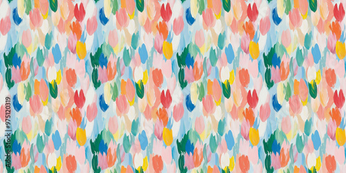an abstract painting pattern of tulips, soft pastel colors including pink, red, orange, yellow, light green, green, light blue and blue, on a white background