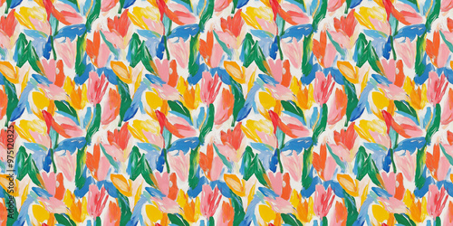 an abstract painting pattern of tulips, soft pastel colors including pink, red, orange, yellow, light green, green, light blue and blue, on a white background