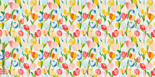 an abstract painting pattern of tulips, soft pastel colors including pink, red, orange, yellow, light green, green, light blue and blue, on a white background