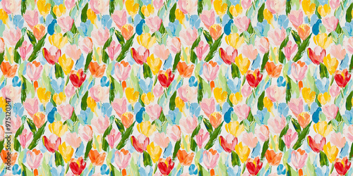 an abstract painting pattern of tulips, soft pastel colors including pink, red, orange, yellow, light green, green, light blue and blue, on a white background