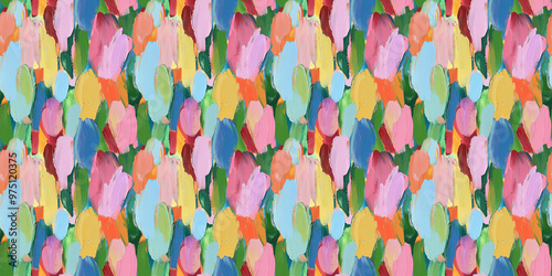 an abstract painting pattern of tulips, soft pastel colors including pink, red, orange, yellow, light green, green, light blue and blue