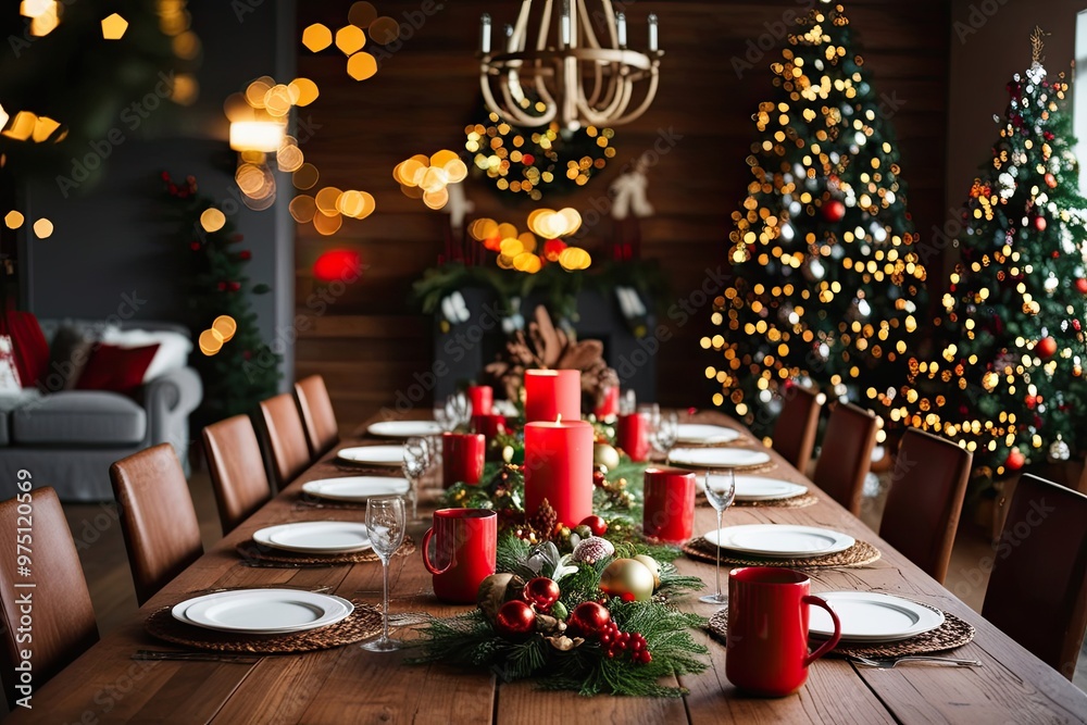 Spacious Wooden Dining Table Surrounded by Festive Decor and Lively Bokeh Effects Spacious Wooden Dining Table Surrounded by Festive Decor and Lively Bokeh Effects