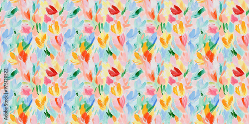 an abstract painting pattern of tulips, soft pastel colors including pink, red, orange, yellow, light green, green, light blue and blue, on a white background