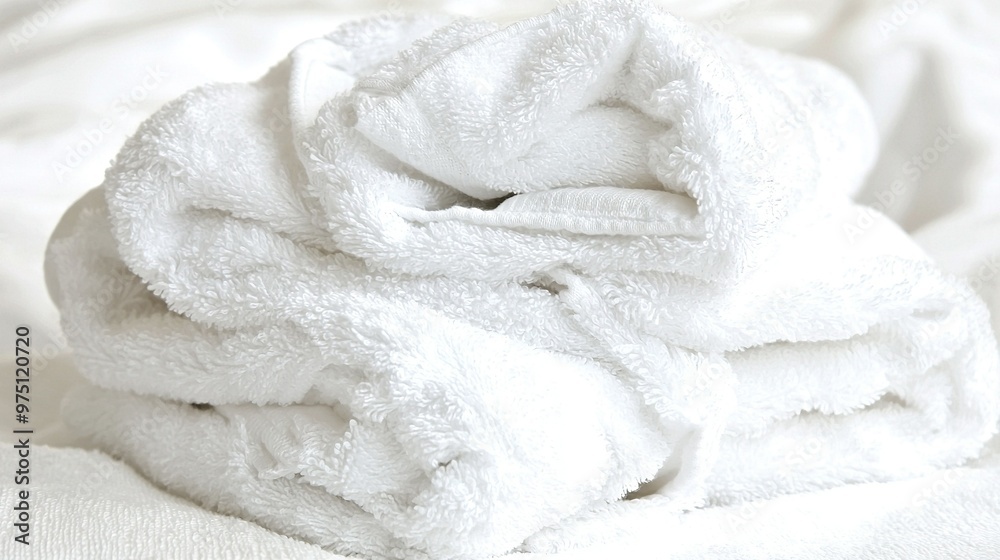 White towels neatly stacked atop a white comforter on a bed White towels neatly stacked atop a white comforter on a bed