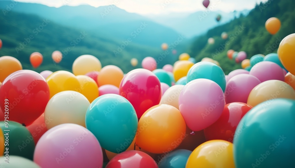 Vibrant array of colorful hot air balloons against a lush green mountain landscape Vibrant array of colorful hot air balloons against a lush green mountain landscape